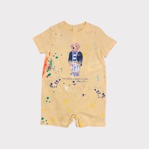 Ralph Lauren Teddy Bear Paint Splatter Yellow Romper